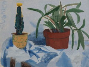 Cactus and Plant on Blue Oil and Canvas